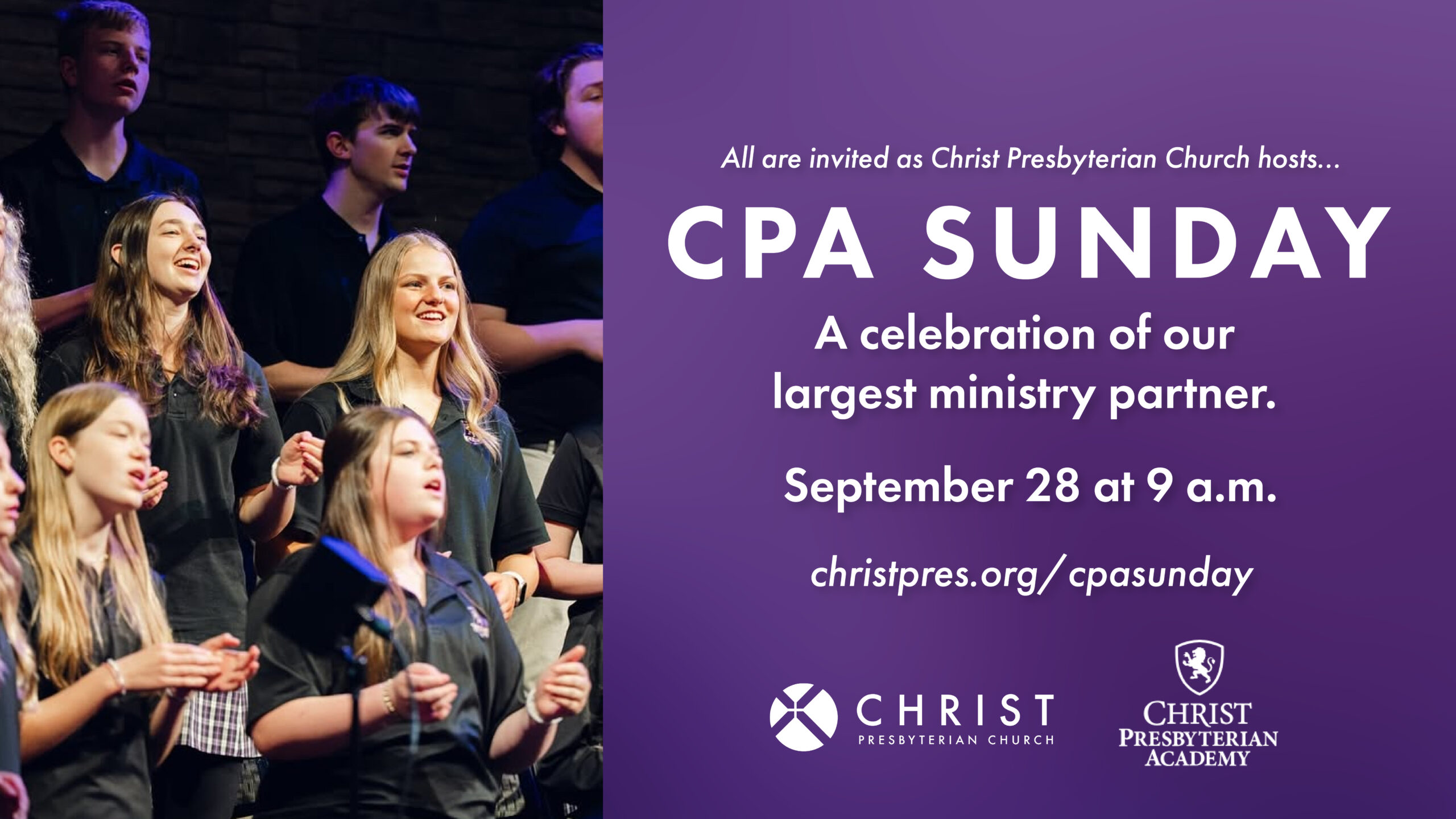 A group of young singers perform on stage in black shirts. Text beside them invites all to CPA Sunday, a celebration by Christ Presbyterian Church on September 28 at 9 a.m., with event and sponsor details.