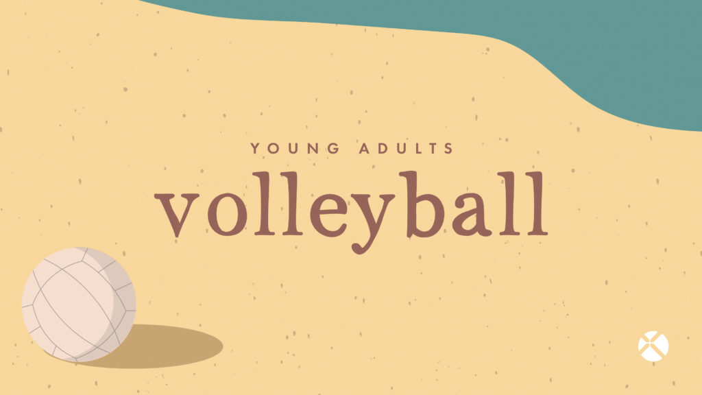 Illustration of a beach with a volleyball and the words Young Adults Volleyball in large text, with a green border at the top and a small circular logo in the corner.