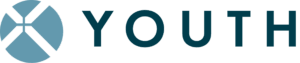 A blue and white abstract circular logo followed by the word YOUTH in bold, dark letters on a light background.
