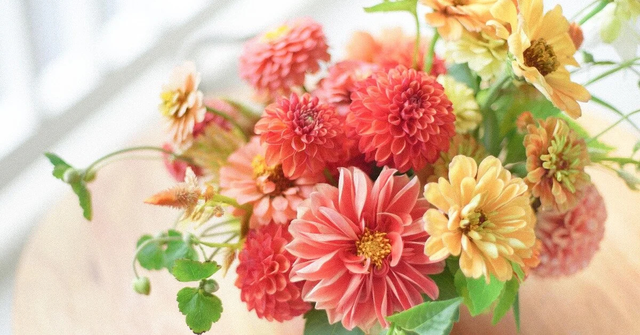 A bouquet of bright pink, coral, and yellow dahlias and zinnias with green leaves in a vase, placed on a wooden surface with a soft, blurred background.