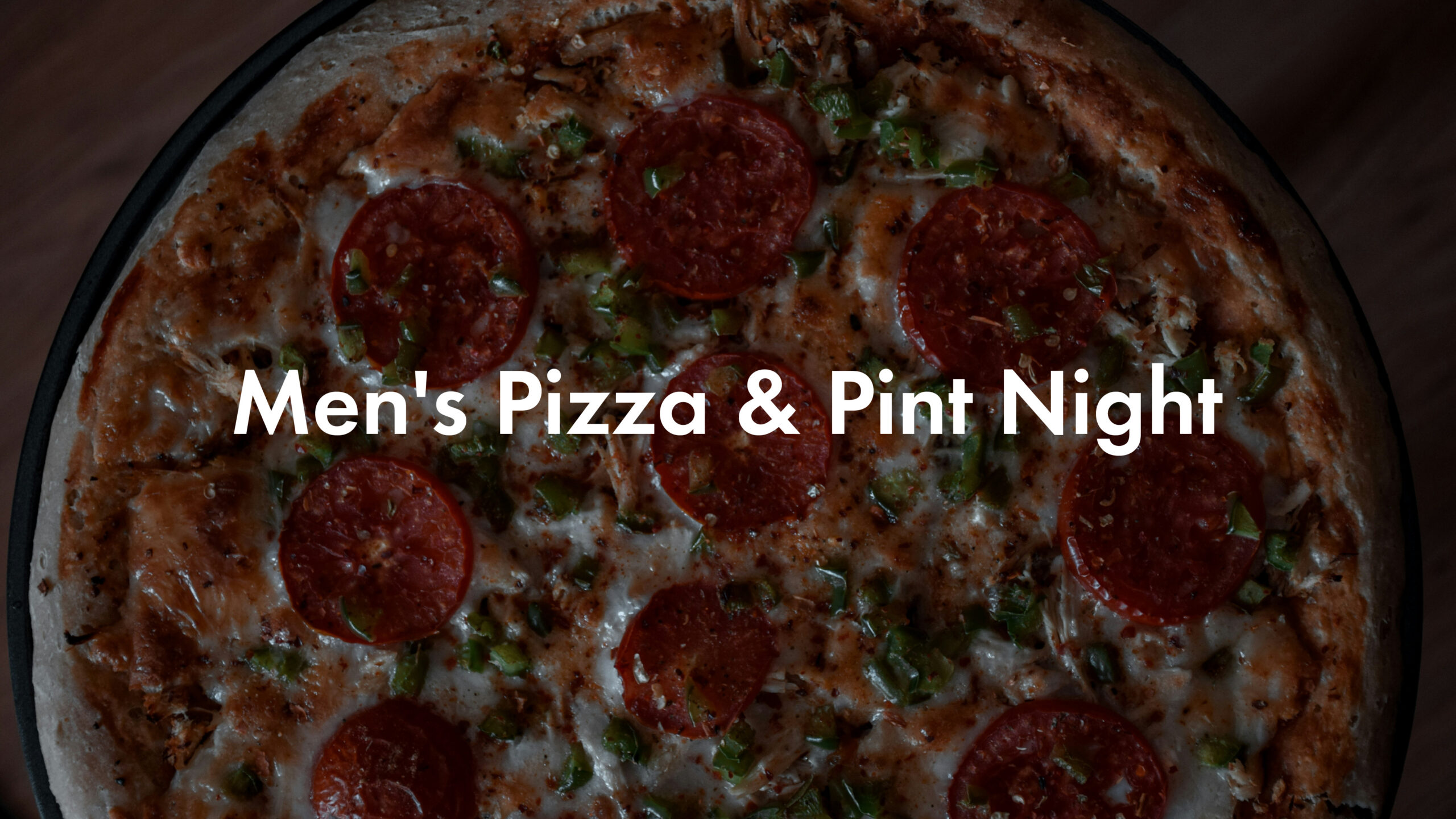 A pepperoni pizza with green peppers is shown from above. Over the image, white bold text reads: Mens Pizza & Pint Night.