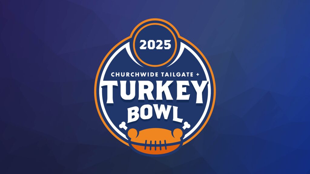Logo for the 2025 Churchwide Tailgate Turkey Bowl, featuring a blue circular badge with orange and white accents, football icon, and bold text on a blue geometric background.