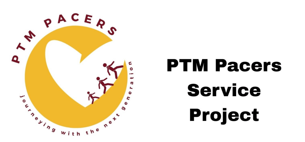 Logo for PTM Pacers featuring three stick figures climbing a yellow arc, with the text PTM PACERS Journeying with the next generation and bold text PTM Pacers Service Project on the right.