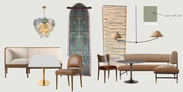 Moodboard for Christ Presbytery Church - Coolsprings featuring a modern chandelier, stained glass window, acoustic panel, paint swatch, wall sconce, various chairs, sofas, and tables in neutral and earthy tones.