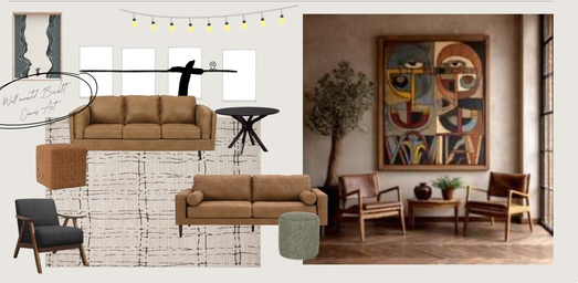 Moodboard titled Coolsprings - Youth featuring brown sofas, wooden chairs, a round green ottoman, geometric wall art, a black side table, a patterned rug, and decorative string lights on a beige background.