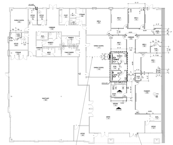Black and white architectural floor plan showing rooms labeled as sanctuary, offices, classrooms, corridors, restrooms, and storage in a church or community building. Various measurements and doorways are marked throughout.