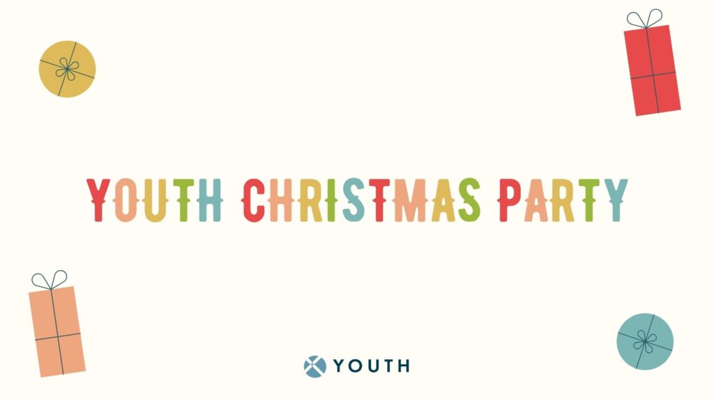 Colorful text reads Youth Christmas Party with illustrations of wrapped gifts in the corners. The word YOUTH and a circular logo appear at the bottom center on a light background.