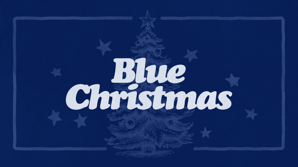 White text reading Blue Christmas appears over a faint outline of a decorated Christmas tree, with stars in the background, all on a dark blue background.