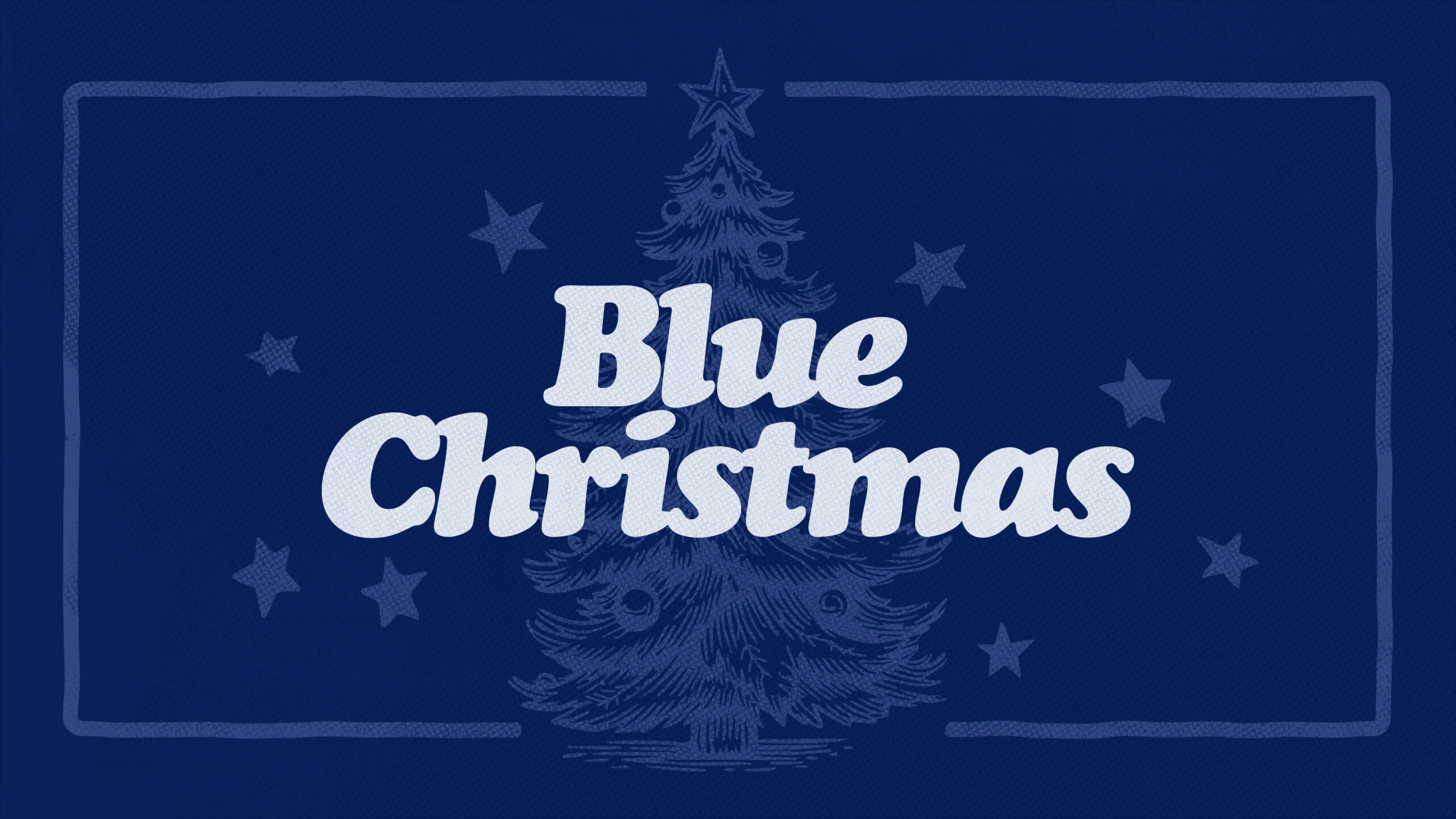 White text reading Blue Christmas appears over a faint outline of a decorated Christmas tree, with stars in the background, all on a dark blue background.