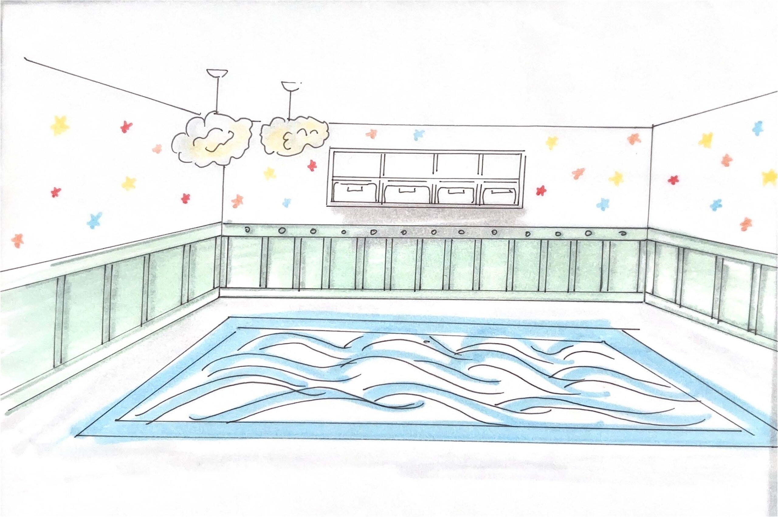 A room with green paneled walls, colorful star decorations, cloud-shaped ceiling lights, cubby shelves, and a blue patterned rug that resembles water in the center of the floor.