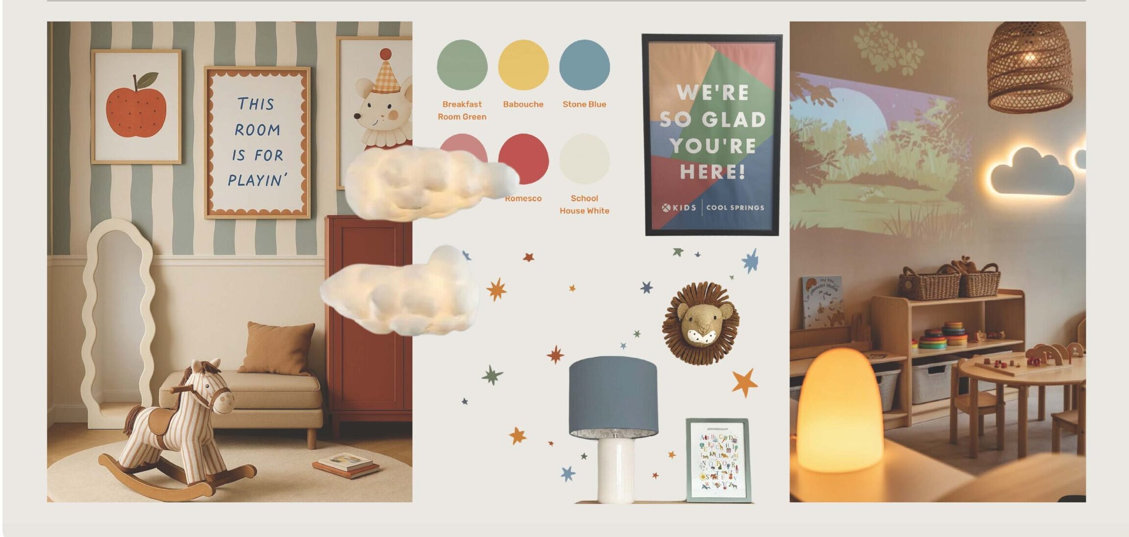 A kids moodboard featuring playful decor: cozy room scenes with wooden toys, wall art, clouds, animal accents, and a color palette of green, yellow, blue and red, creating a warm and inviting atmosphere.