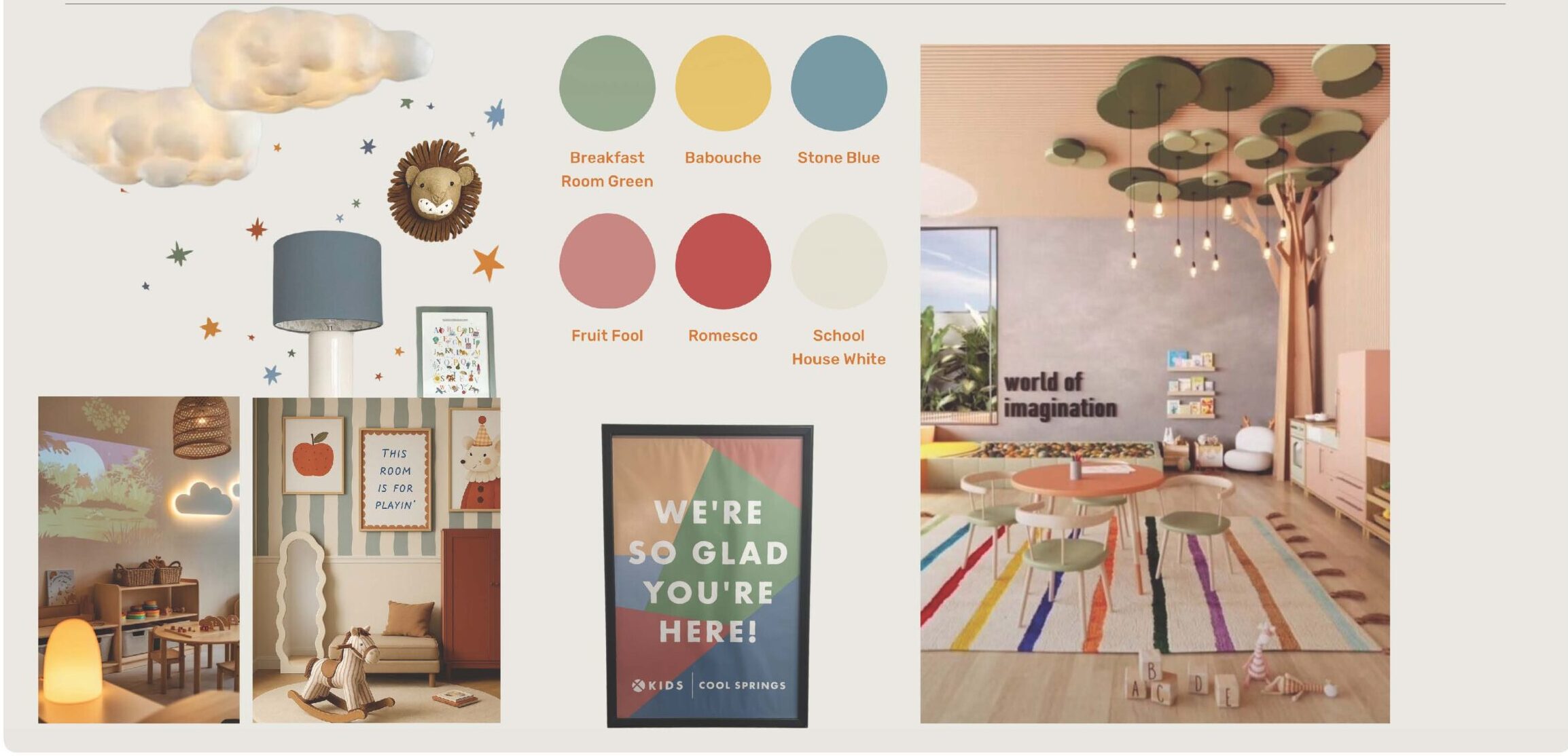 A kids’ moodboard featuring a palette of red, blue, yellow, green, and cream, whimsical cloud and tree decor, playful wall art, cozy reading nooks, and a natural, imaginative classroom space.