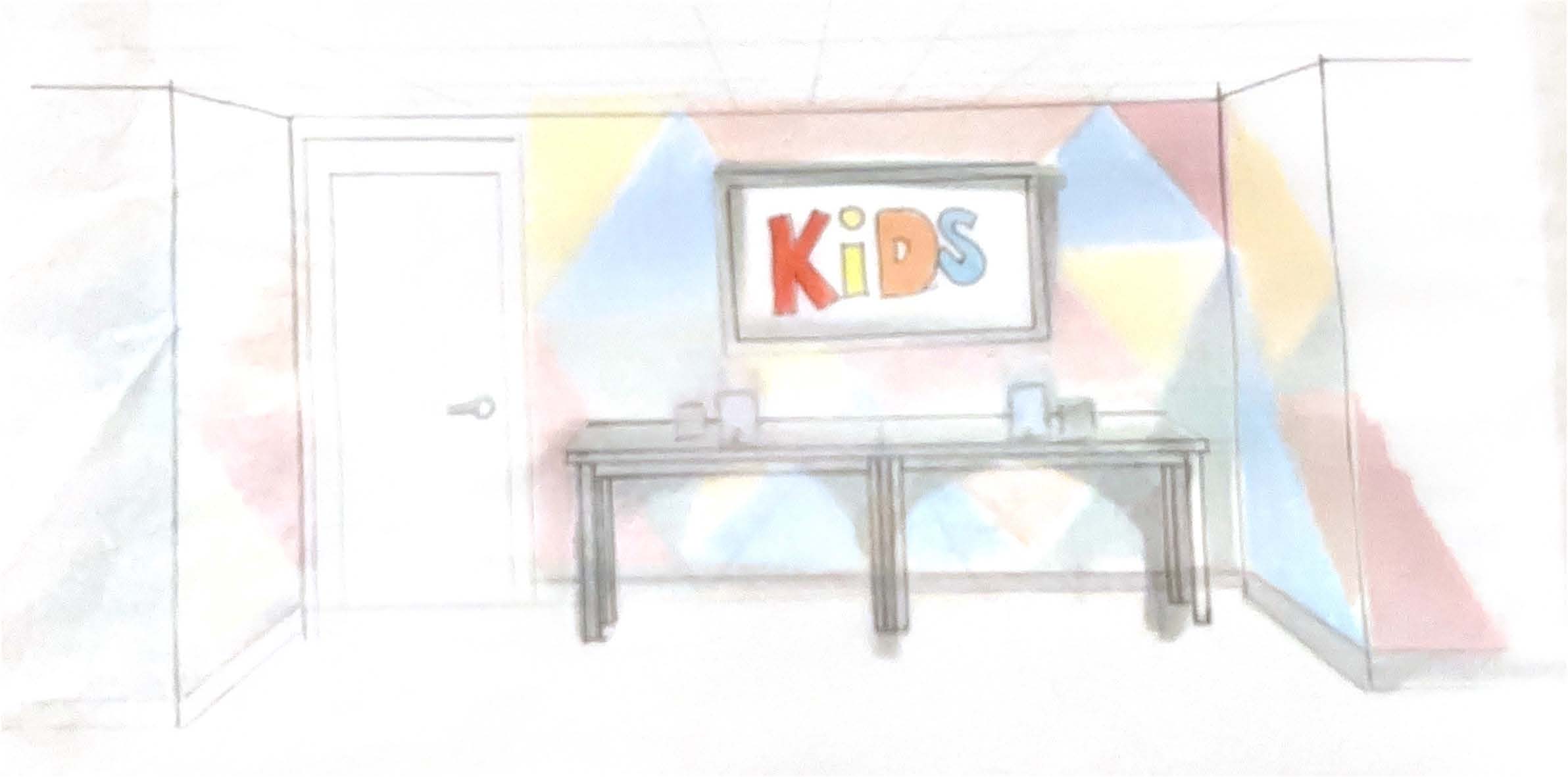 A hallway with two tables under a colorful wall sign that says KIDS in playful letters, against a pastel geometric-patterned wall. A door is on the left side of the room.