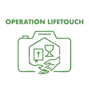 Green outline logo with a camera, a house, and two hands reaching toward each other. Inside the house are a Bible with a cross and a communion cup. Text above reads OPERATION LIFETOUCH.
