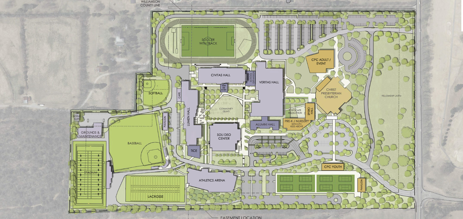 A detailed site plan of a school campus showing labeled buildings, parking lots, sports fields (soccer, football, baseball, lacrosse), green spaces, walking paths, and surrounding landscaping features.