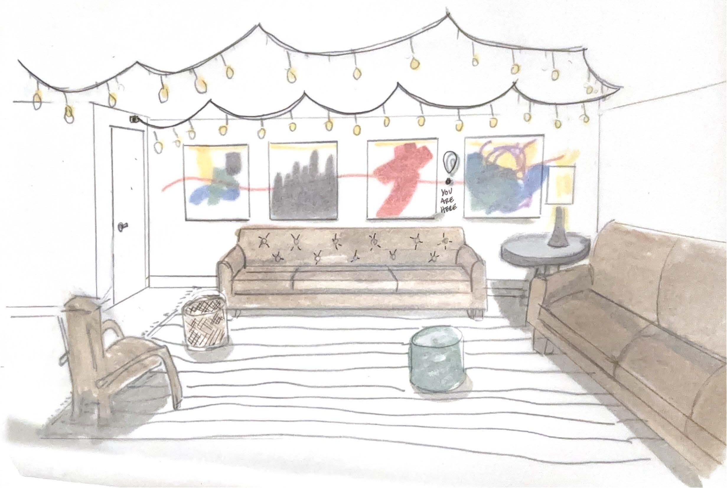 A cozy living room with two sofas, a wooden chair, a round side table with a lamp, a basket, and a pouf. String lights hang from the ceiling, and colorful abstract art is displayed on the wall above the sofa.