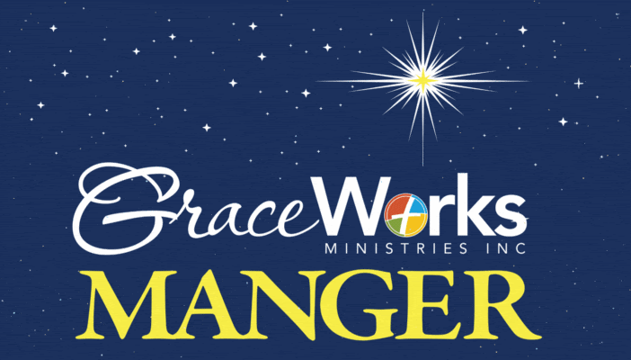 A star shines brightly in a night sky filled with small stars. Below, the text reads “GraceWorks Ministries Inc” with a colorful circular emblem in the o, and “Manger” in large yellow letters.
