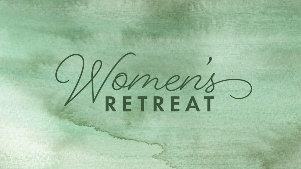 Text that reads Womens Retreat in elegant, dark green lettering on a textured, light green watercolor background.