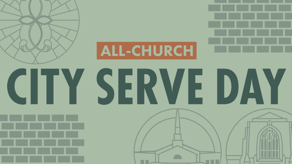 Graphic with stained glass and church illustrations reads ALL-CHURCH CITY SERVE DAY in bold letters on a light green background with brick patterns.