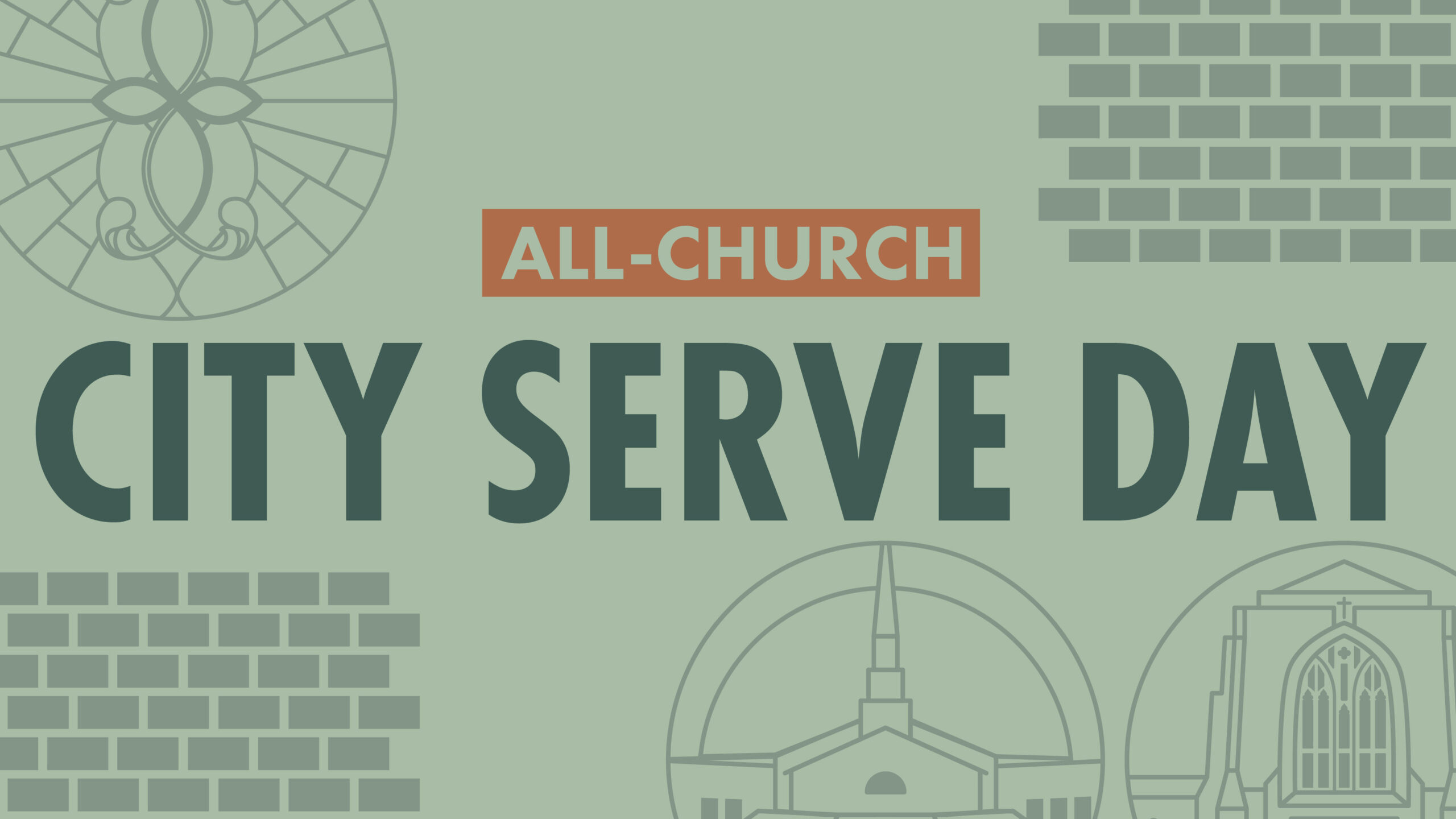 Graphic with stained glass and church illustrations reads ALL-CHURCH CITY SERVE DAY in bold letters on a light green background with brick patterns.
