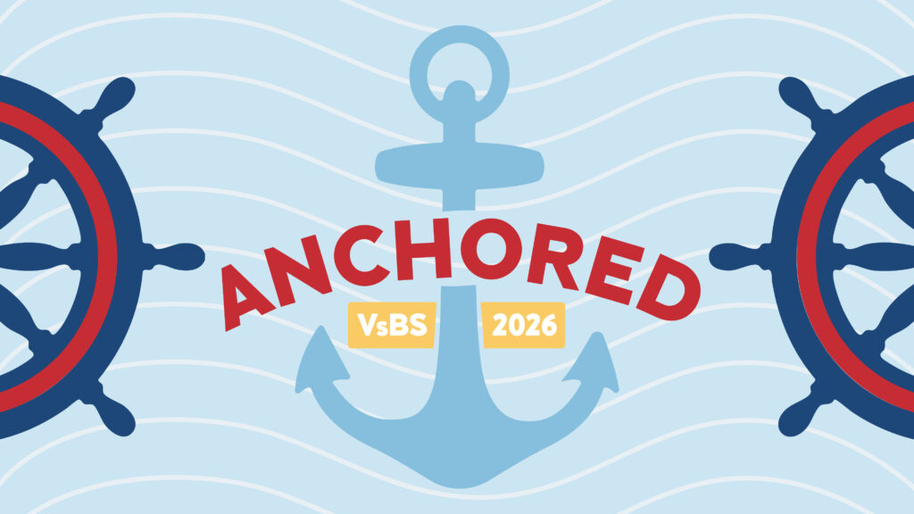 A blue anchor in the center with Anchored in red above it, VsBS and 2026 in yellow boxes below, two ship steering wheels on both sides, and a wavy blue background.