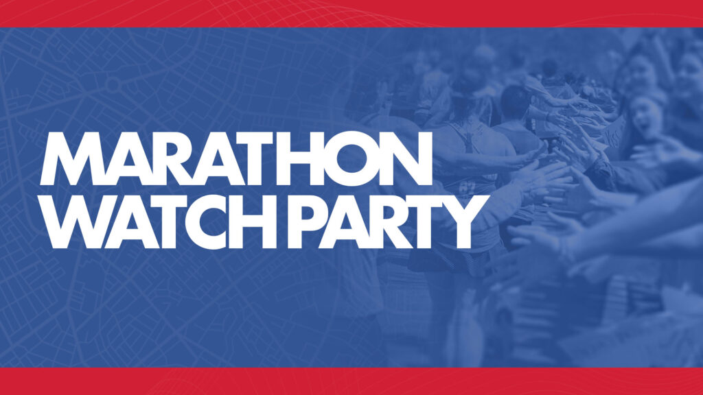 Marathon Watch Party text over a blue-tinted photo of people reaching out to cheer on marathon runners, with a red border at the top and bottom.