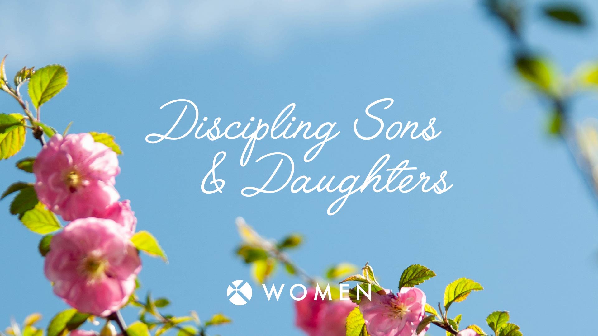 Pink flowers on branches against a blue sky, with the text Discipling Sons & Daughters in cursive and Women below.
