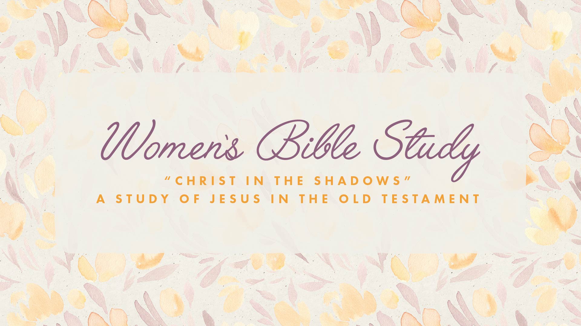A floral background with pastel pink and yellow flowers. Centered text reads: Womens Bible Study and below, Christ in the Shadows A Study of Jesus in the Old Testament in purple and gold lettering.