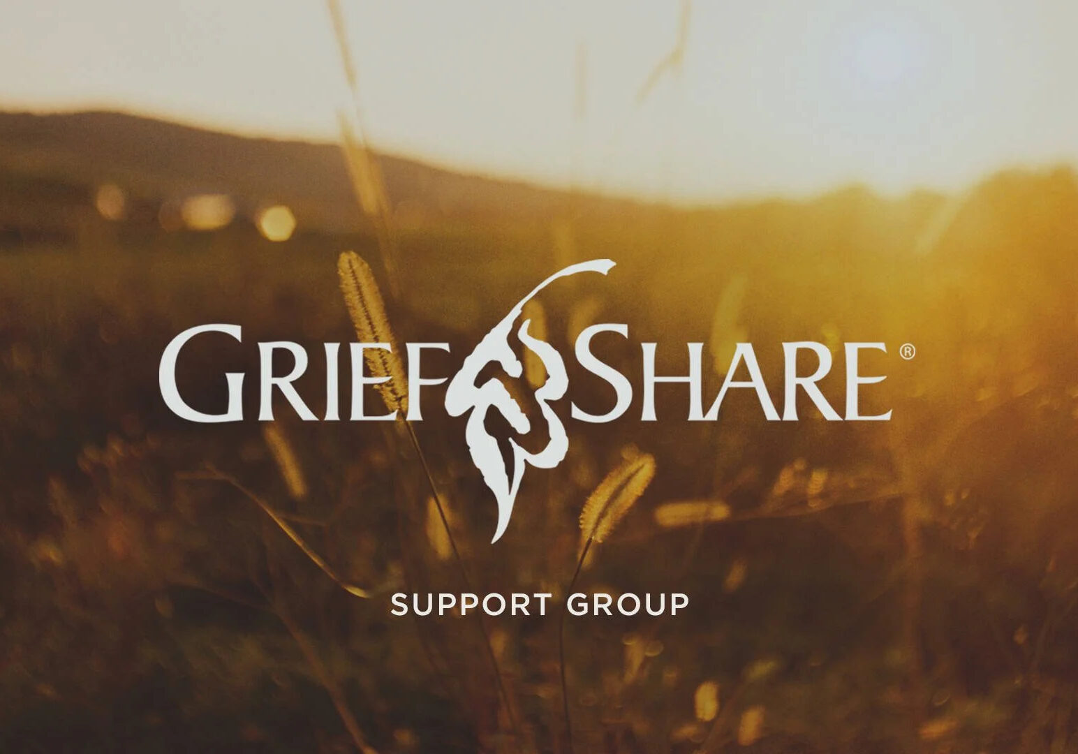 A golden field at sunset with hills in the background. The text GriefShare Support Group and a leaf logo are displayed in the center.