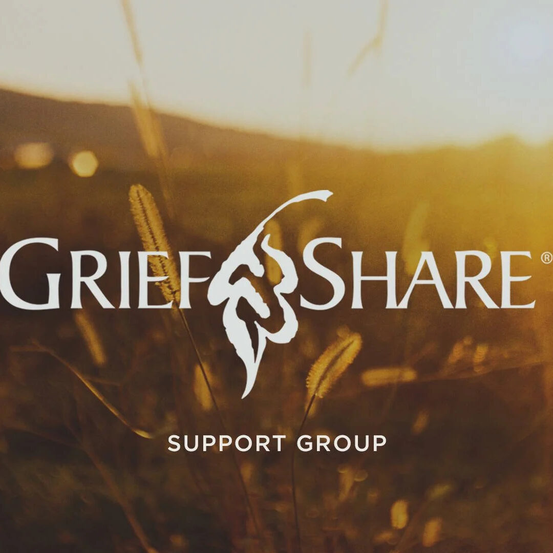 A golden field at sunset with hills in the background. The text GriefShare Support Group and a leaf logo are displayed in the center.