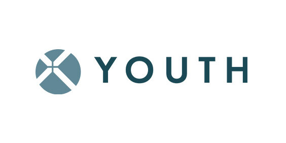 A stylized blue circular logo with white intersecting lines appears to the left of the word YOUTH written in bold, dark blue uppercase letters on a white background.