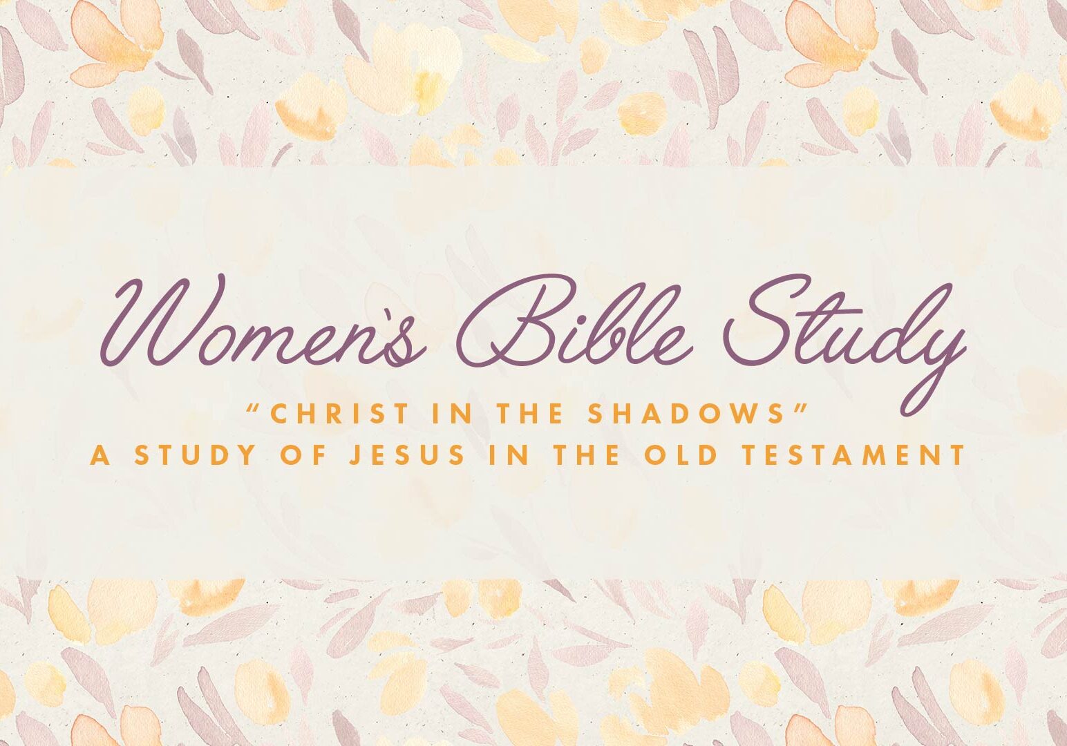 A floral background with pastel pink and yellow flowers. Centered text reads: Womens Bible Study and below, Christ in the Shadows A Study of Jesus in the Old Testament in purple and gold lettering.